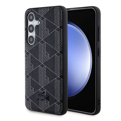 Galaxy S24 Kılıf Lacoste Orjinal Lisanslı M-safe Şarj Özellikli PU Deri Görünümlü Karışık Monogram Desenli Kapak Siyah