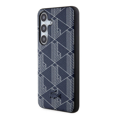 Galaxy S24 Kılıf Lacoste Orjinal Lisanslı M-safe Şarj Özellikli PU Deri Görünümlü Karışık Monogram Desenli Kapak Lacivert