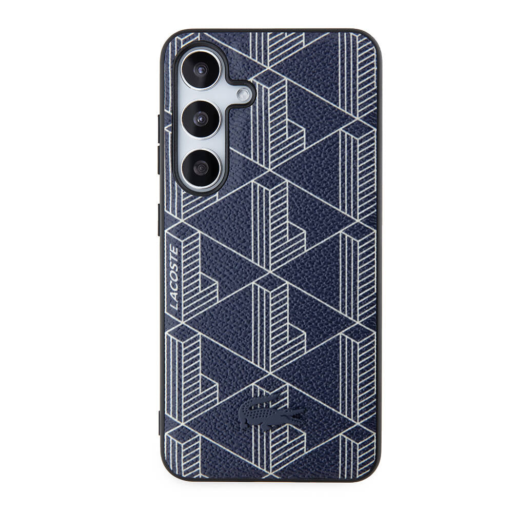 Galaxy S24 Kılıf Lacoste Orjinal Lisanslı M-safe Şarj Özellikli PU Deri Görünümlü Karışık Monogram Desenli Kapak Lacivert
