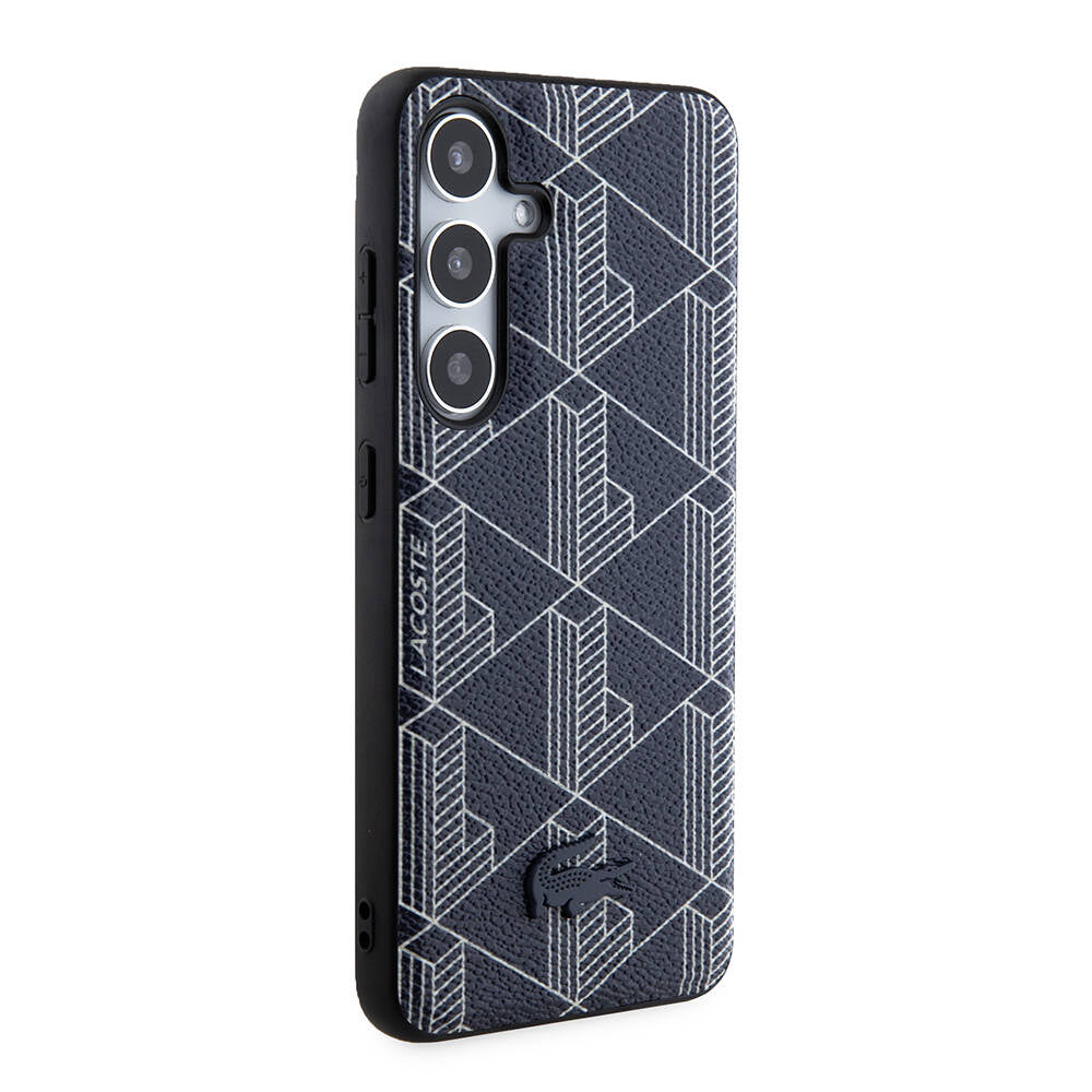 Galaxy S24 Kılıf Lacoste Orjinal Lisanslı M-safe Şarj Özellikli PU Deri Görünümlü Karışık Monogram Desenli Kapak Siyah