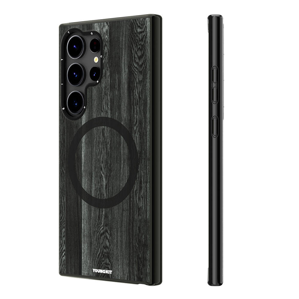 Galaxy S24 Ultra Kılıf M-safe Şarj Özellikli Sararmaya Dayanıklı Youngkit Wood Forest Serisi Kapak Gri