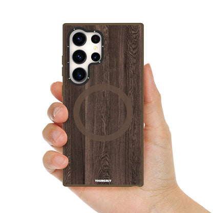 Galaxy S24 Ultra Kılıf M-safe Şarj Özellikli Sararmaya Dayanıklı Youngkit Wood Forest Serisi Kapak Kahverengi