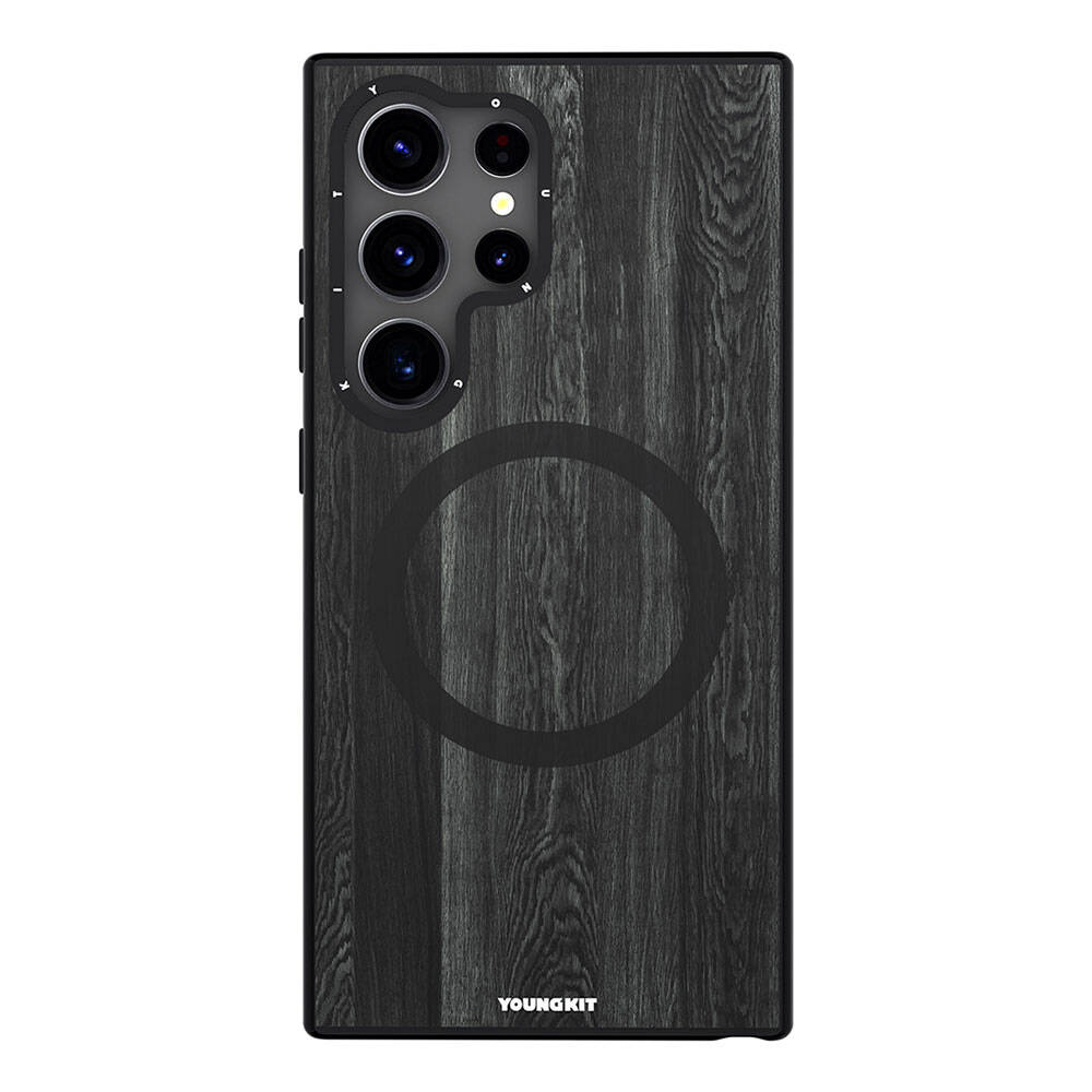 Galaxy S24 Ultra Kılıf M-safe Şarj Özellikli Sararmaya Dayanıklı Youngkit Wood Forest Serisi Kapak Siyah