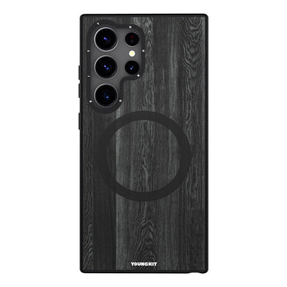 Galaxy S24 Ultra Kılıf M-safe Şarj Özellikli Sararmaya Dayanıklı Youngkit Wood Forest Serisi Kapak Siyah