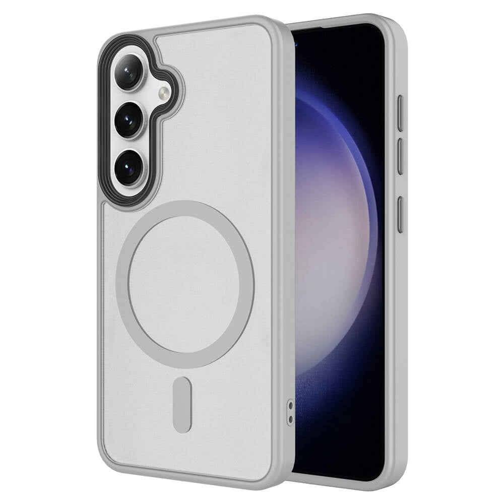 Galaxy S24 Kılıf Sert PC Arka Yüzey Wireless Şarj Özellikli Zore Flet M-safe Kapak Gri