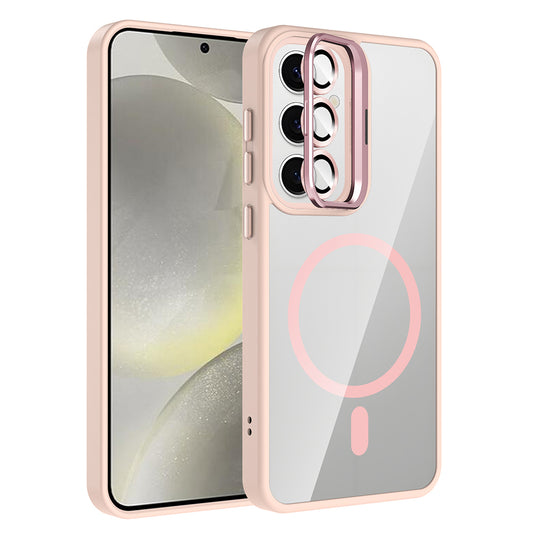 Galaxy S24 Kılıf Standlı ve Kamera Lens Hediyeli M-Safe Şarj Özellikli Zore Etro Kapak Pembe