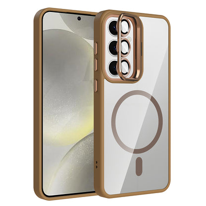 Galaxy S24 Kılıf Standlı ve Kamera Lens Hediyeli M-Safe Şarj Özellikli Zore Etro Kapak Desert Titanyum