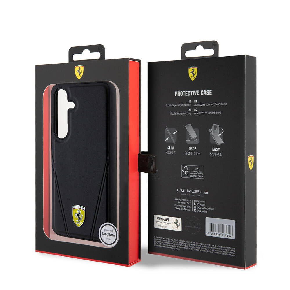 Galaxy S24 Plus Kılıf Ferrari Orjinal Lisanslı M-safe Şarj Özellikli Sıcak Baskı V Çizgili Deri Kapak Siyah