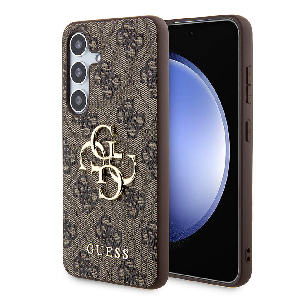 Galaxy S24 Plus Kılıf Guess Orjinal Lisanslı PU Deri Yazı ve 4G Metal Logolu Desenli Kapak Kahverengi