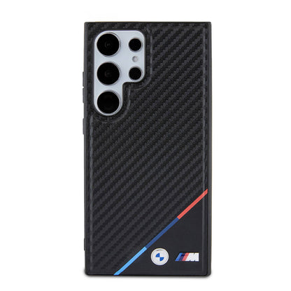 Galaxy S24 Ultra Kılıf BMW Orjinal Lisanslı M-safe Şarj Özellikli M Logolu Üç Çizgili PU Karbon Kapak