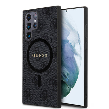 Galaxy S24 Ultra Kılıf Guess Orjinal Lisanslı M-safe Şarj Özellikli PU Halkalı 4G Desenli Yazı Logolu Kapak