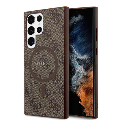 Galaxy S24 Ultra Kılıf Guess Orjinal Lisanslı M-safe Şarj Özellikli PU Halkalı 4G Desenli Yazı Logolu Kapak
