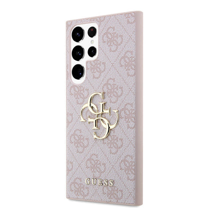 Galaxy S24 Ultra Kılıf Guess Orjinal Lisanslı PU Deri Yazı ve 4G Metal Logolu Desenli Kapak Pembe