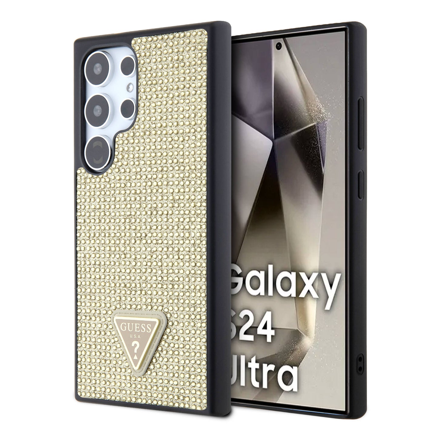 Galaxy S24 Ultra Kılıf Guess Orjinal Lisanslı Taşlı Arka Yüzey Üçgen Logolu Kapak Pembe