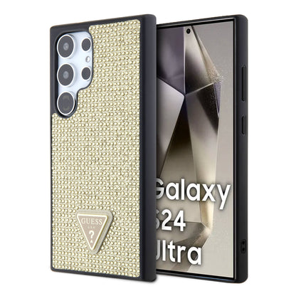 Galaxy S24 Ultra Kılıf Guess Orjinal Lisanslı Taşlı Arka Yüzey Üçgen Logolu Kapak Gold