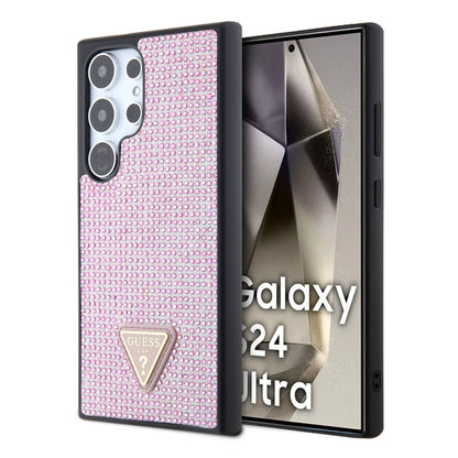 Galaxy S24 Ultra Kılıf Guess Orjinal Lisanslı Taşlı Arka Yüzey Üçgen Logolu Kapak Pembe