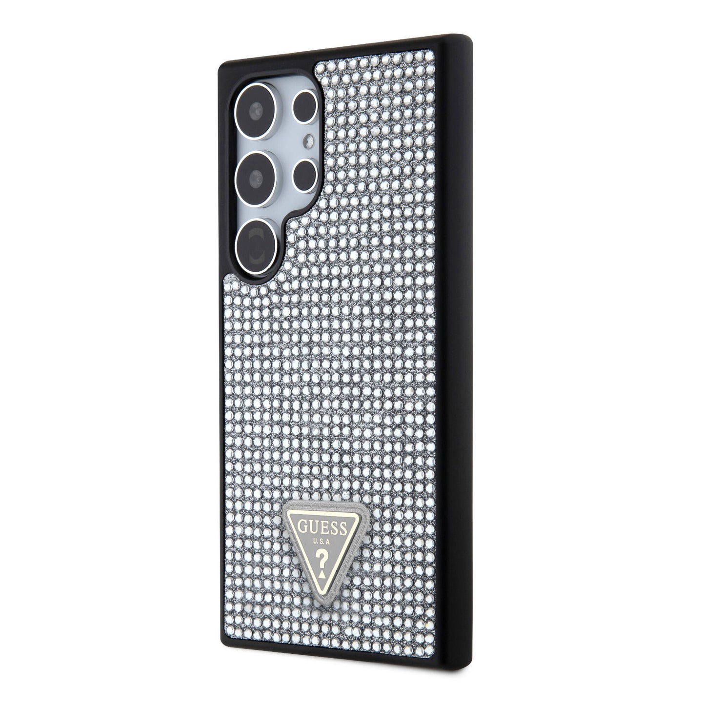 Galaxy S24 Ultra Kılıf Guess Orjinal Lisanslı Taşlı Arka Yüzey Üçgen Logolu Kapak Gümüş