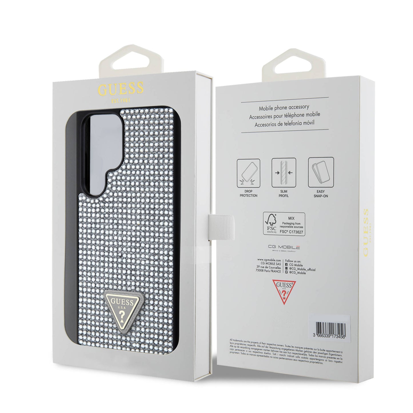 Galaxy S24 Ultra Kılıf Guess Orjinal Lisanslı Taşlı Arka Yüzey Üçgen Logolu Kapak Gümüş