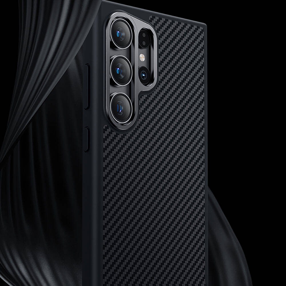 Galaxy S24 Ultra Kılıf Karbon Fiber M-safe Şarj Özellikli Benks Hybrid ArmorPro 600D Kevlar Kapak Siyah
