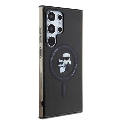 Galaxy S24 Ultra Kılıf Karl Lagerfeld Orjinal Lisanslı M-safe Şarj Özellikli Karl & Choupette IML Baskılı Kapak Siyah
