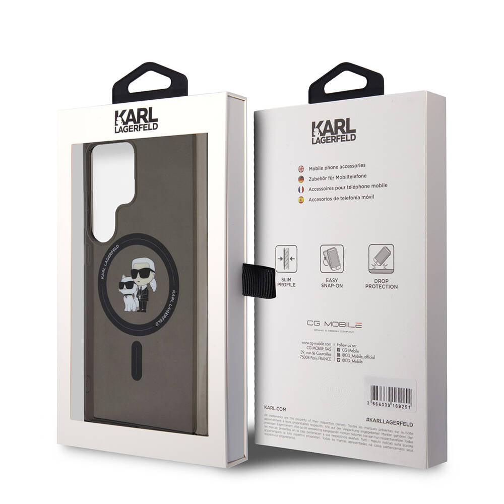 Galaxy S24 Ultra Kılıf Karl Lagerfeld Orjinal Lisanslı M-safe Şarj Özellikli Karl & Choupette IML Baskılı Kapak Siyah