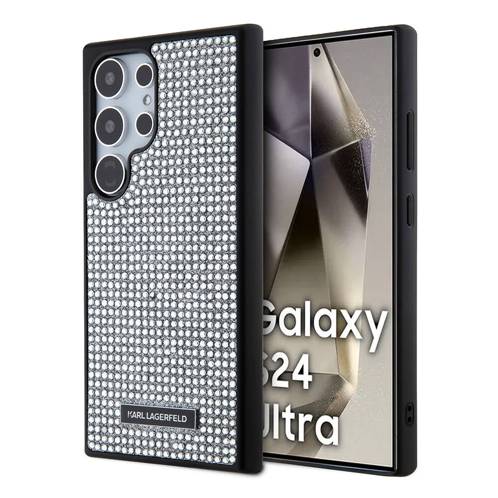 Galaxy S24 Ultra Kılıf Karl Lagerfeld Taşlı Metal Logo Orjinal Lisanslı Kapak Gümüş