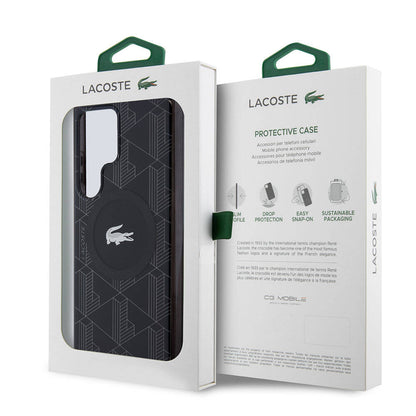 Galaxy S24 Ultra Kılıf Lacoste Orjinal Lisanslı M-safe Şarj Özellikli Çift Katmanlı Timsah Logolu Blend Monogram Kapak Siyah