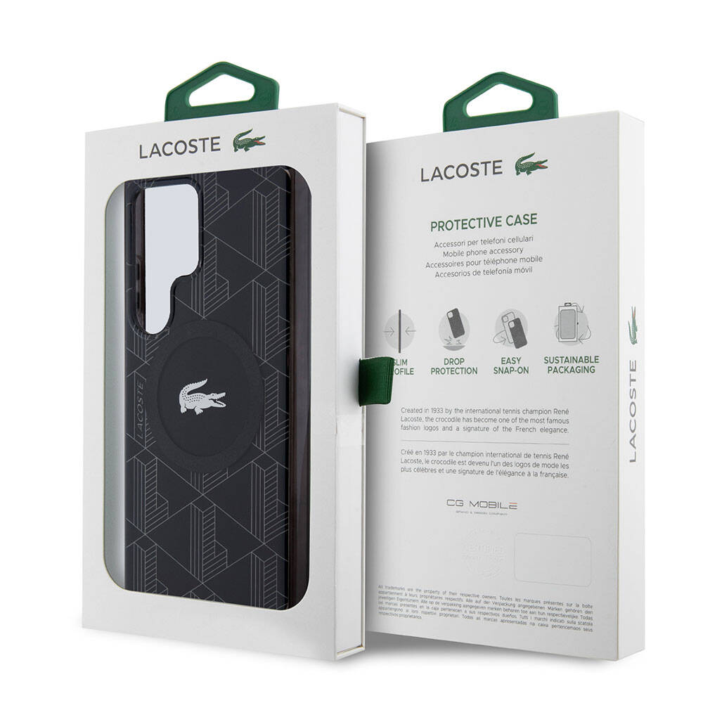 Galaxy S24 Ultra Kılıf Lacoste Orjinal Lisanslı M-safe Şarj Özellikli Çift Katmanlı Timsah Logolu Blend Monogram Kapak Petrol Yeşil