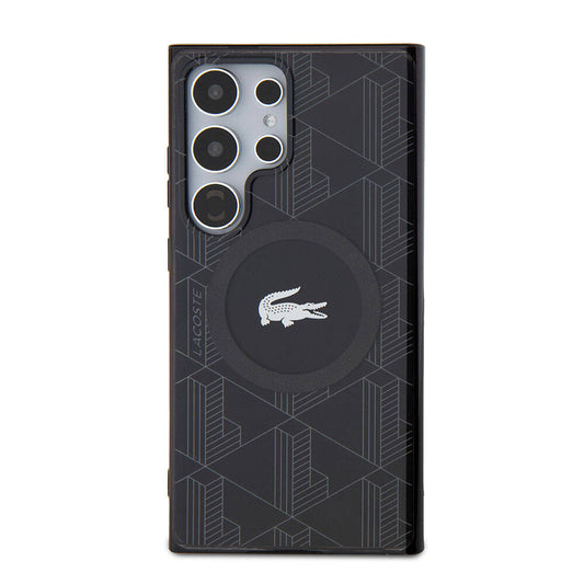 Galaxy S24 Ultra Kılıf Lacoste Orjinal Lisanslı M-safe Şarj Özellikli Çift Katmanlı Timsah Logolu Blend Monogram Kapak Siyah