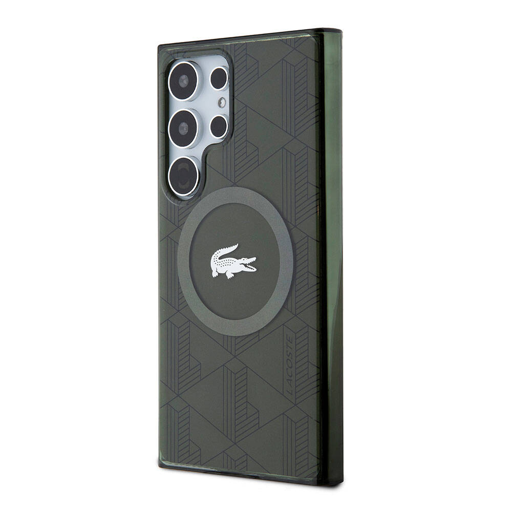 Galaxy S24 Ultra Kılıf Lacoste Orjinal Lisanslı M-safe Şarj Özellikli Çift Katmanlı Timsah Logolu Blend Monogram Kapak Siyah