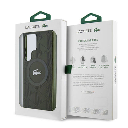 Galaxy S24 Ultra Kılıf Lacoste Orjinal Lisanslı M-safe Şarj Özellikli Çift Katmanlı Timsah Logolu Blend Monogram Kapak Siyah