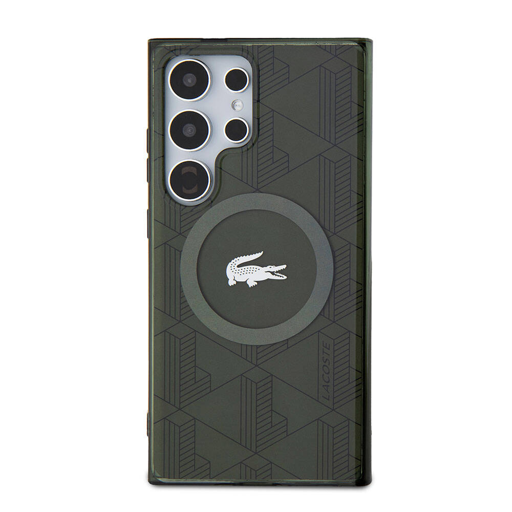 Galaxy S24 Ultra Kılıf Lacoste Orjinal Lisanslı M-safe Şarj Özellikli Çift Katmanlı Timsah Logolu Blend Monogram Kapak Haki