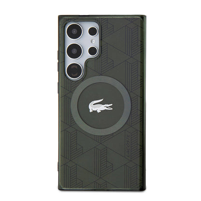 Galaxy S24 Ultra Kılıf Lacoste Orjinal Lisanslı M-safe Şarj Özellikli Çift Katmanlı Timsah Logolu Blend Monogram Kapak Haki
