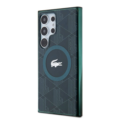 Galaxy S24 Ultra Kılıf Lacoste Orjinal Lisanslı M-safe Şarj Özellikli Çift Katmanlı Timsah Logolu Blend Monogram Kapak Haki