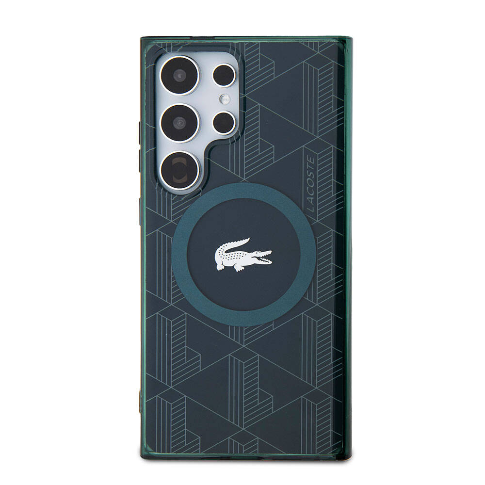 Galaxy S24 Ultra Kılıf Lacoste Orjinal Lisanslı M-safe Şarj Özellikli Çift Katmanlı Timsah Logolu Blend Monogram Kapak Petrol Yeşil