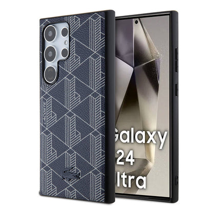 Galaxy S24 Ultra Kılıf Lacoste Orjinal Lisanslı M-safe Şarj Özellikli PU Deri Görünümlü Karışık Monogram Desenli Kapak Lacivert