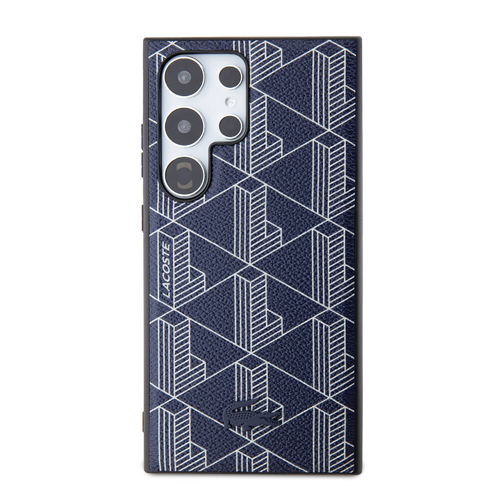 Galaxy S24 Ultra Kılıf Lacoste Orjinal Lisanslı M-safe Şarj Özellikli PU Deri Görünümlü Karışık Monogram Desenli Kapak Lacivert