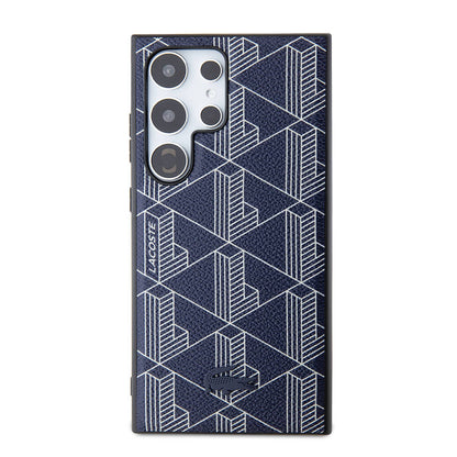 Galaxy S24 Ultra Kılıf Lacoste Orjinal Lisanslı M-safe Şarj Özellikli PU Deri Görünümlü Karışık Monogram Desenli Kapak Lacivert