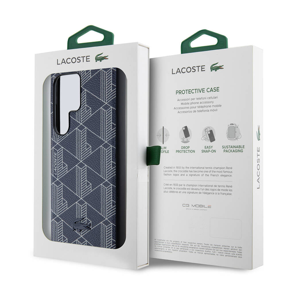 Galaxy S24 Ultra Kılıf Lacoste Orjinal Lisanslı M-safe Şarj Özellikli PU Deri Görünümlü Karışık Monogram Desenli Kapak Siyah