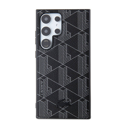 Galaxy S24 Ultra Kılıf Lacoste Orjinal Lisanslı M-safe Şarj Özellikli PU Deri Görünümlü Karışık Monogram Desenli Kapak Siyah