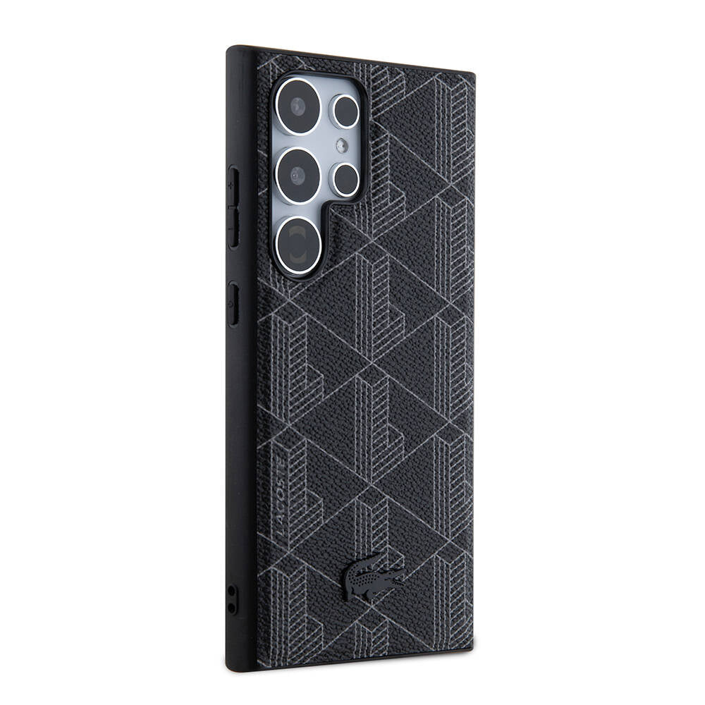 Galaxy S24 Ultra Kılıf Lacoste Orjinal Lisanslı M-safe Şarj Özellikli PU Deri Görünümlü Karışık Monogram Desenli Kapak Lacivert