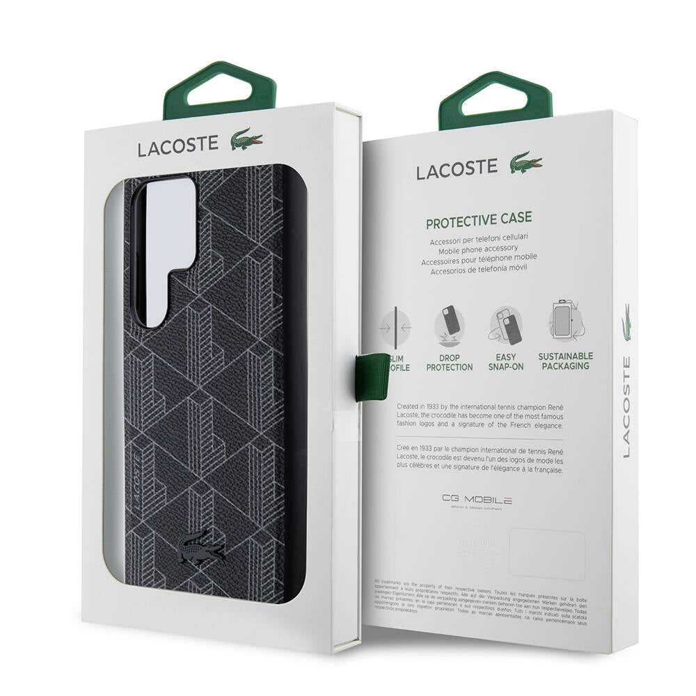 Galaxy S24 Ultra Kılıf Lacoste Orjinal Lisanslı M-safe Şarj Özellikli PU Deri Görünümlü Karışık Monogram Desenli Kapak Siyah