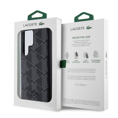 Galaxy S24 Ultra Kılıf Lacoste Orjinal Lisanslı M-safe Şarj Özellikli PU Deri Görünümlü Karışık Monogram Desenli Kapak Siyah