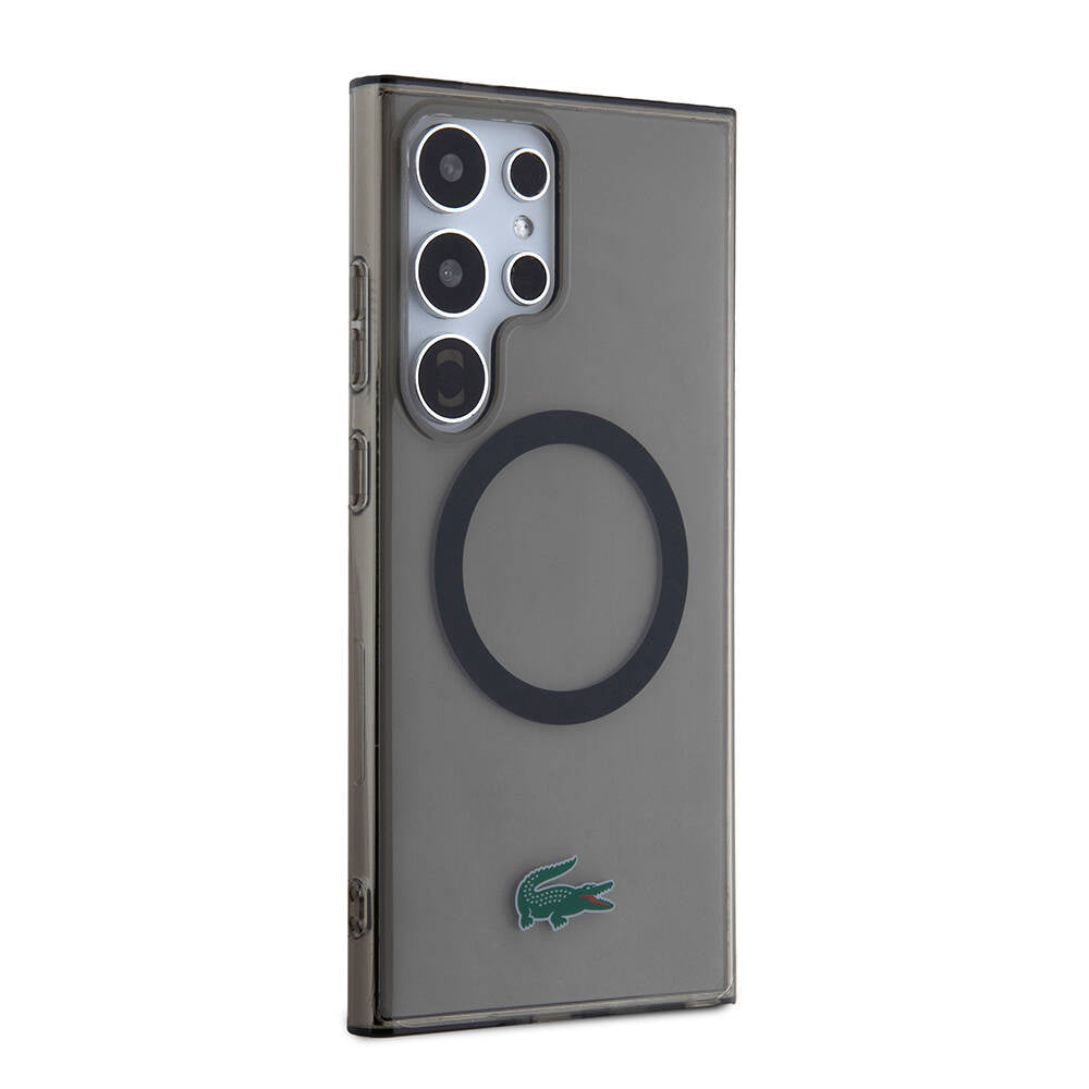 Galaxy S24 Ultra Kılıf Lacoste Orjinal Lisanslı M-safe Şarj Özellikli Transparan Timsah Logo Baskılı Kapak Siyah