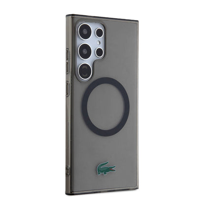 Galaxy S24 Ultra Kılıf Lacoste Orjinal Lisanslı M-safe Şarj Özellikli Transparan Timsah Logo Baskılı Kapak Siyah