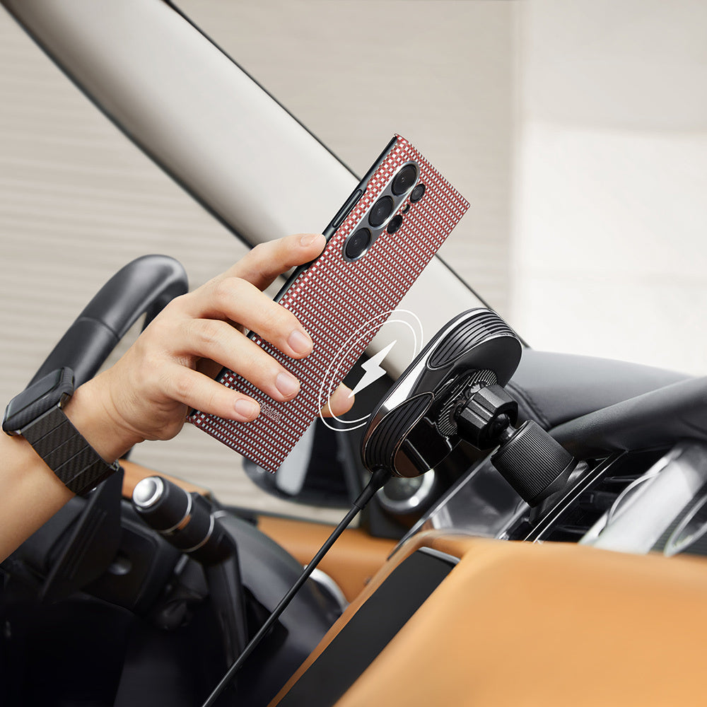 Galaxy S24 Ultra Kılıf M-safe Şarj Özellikli 1500D Aramid Fiber Pitaka Ultra-Slim Classic Serisi Bonfire Kapak Kırmızı