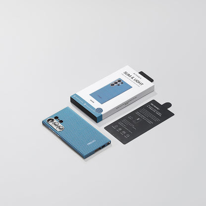 Galaxy S24 Ultra Kılıf M-safe Şarj Özellikli 1500D Aramid Fiber Pitaka Ultra-Slim Classic Serisi Ice Sea Kapak Mavi