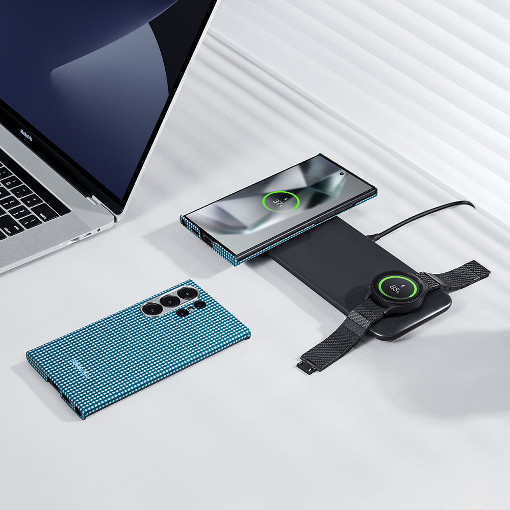 Galaxy S24 Ultra Kılıf M-safe Şarj Özellikli 1500D Aramid Fiber Pitaka Ultra-Slim Classic Serisi Ice Sea Kapak Mavi