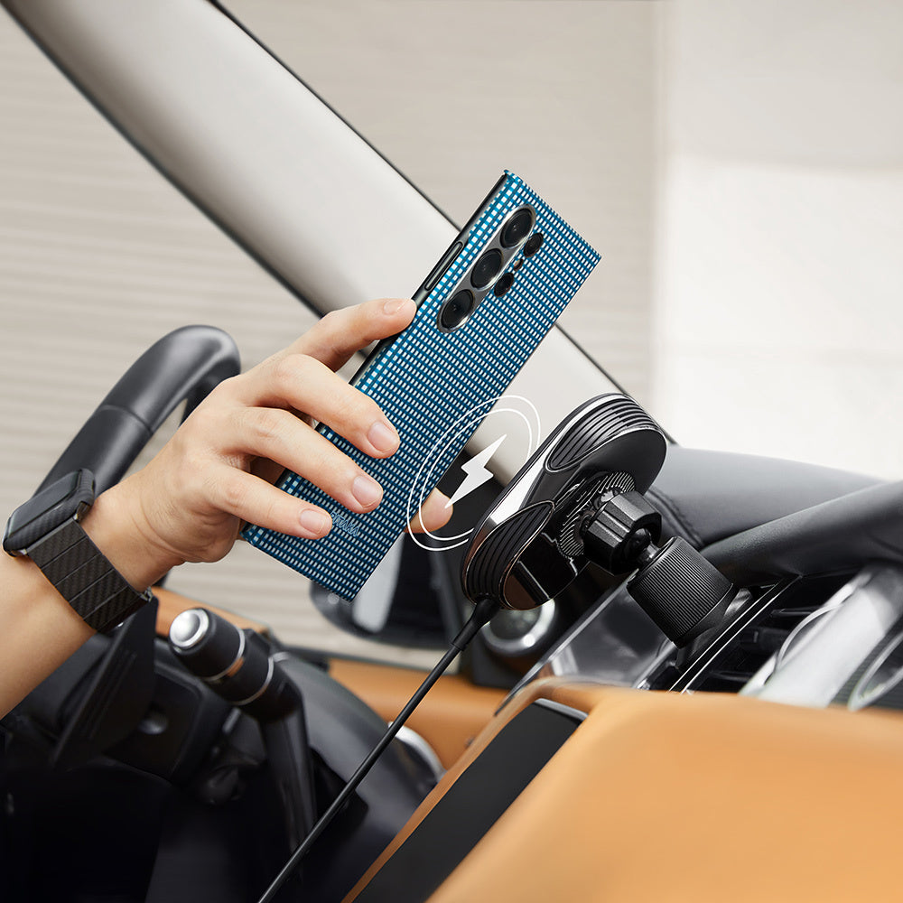 Galaxy S24 Ultra Kılıf M-safe Şarj Özellikli 1500D Aramid Fiber Pitaka Ultra-Slim Classic Serisi Ice Sea Kapak Mavi