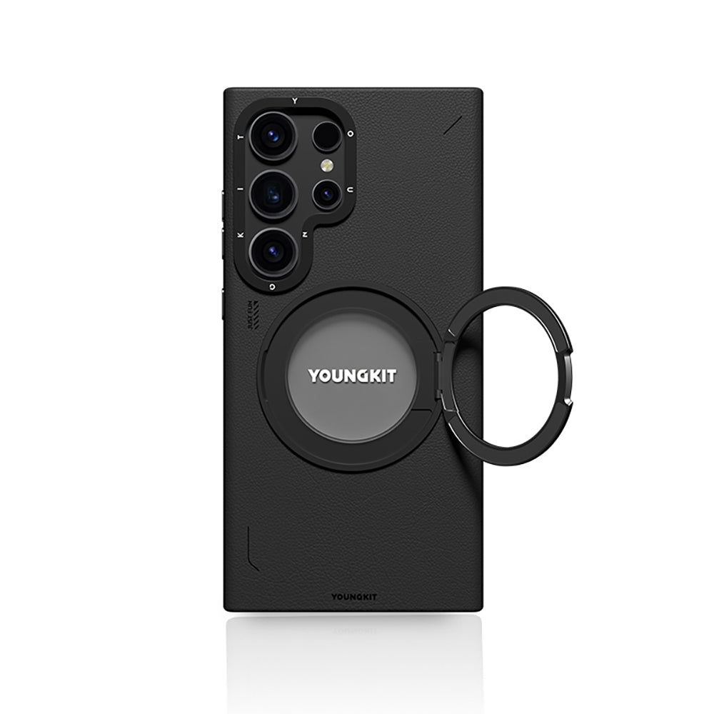 Galaxy S24 Ultra Kılıf M-safe Şarj Özellikli 360° Standlı Basit Mat Deri Desenli Youngkit Tech Leather Serisi Kapak Kahverengi